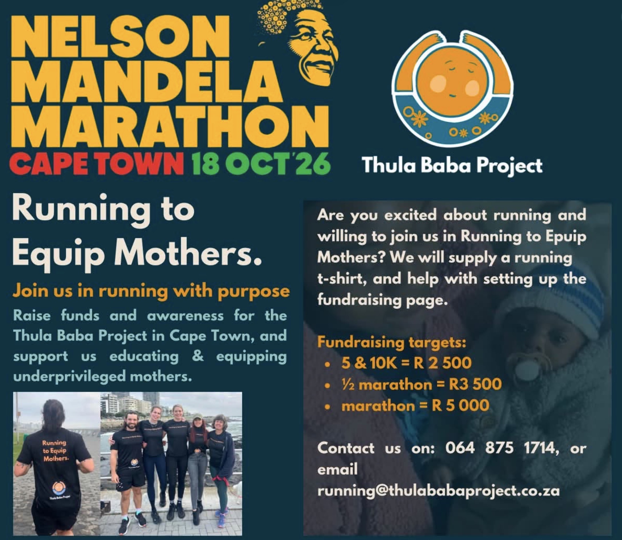 Running to Equip Mother’s at the Nelson Mandela Marathon, Cape Town 2026 Join Running to Equip Mothers at the Nelson Mandela Marathon Cape Town! Fundraising fun for Thula Baba Project!